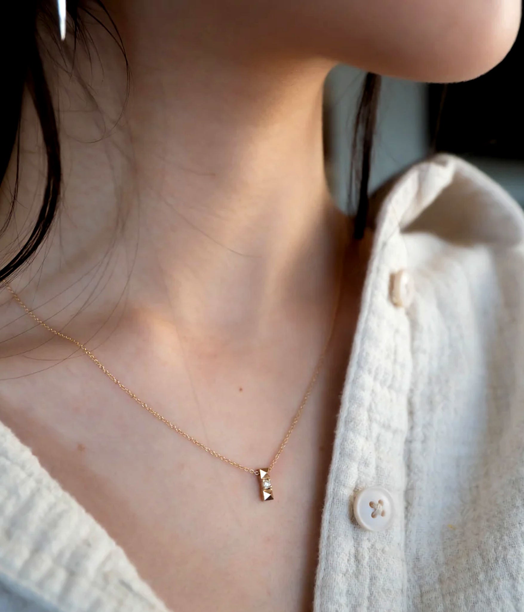 14k yellow gold nail pendant necklace with pavé diamond halo on rolo chain for The Hunt – handcrafted spike charm fine jewelry