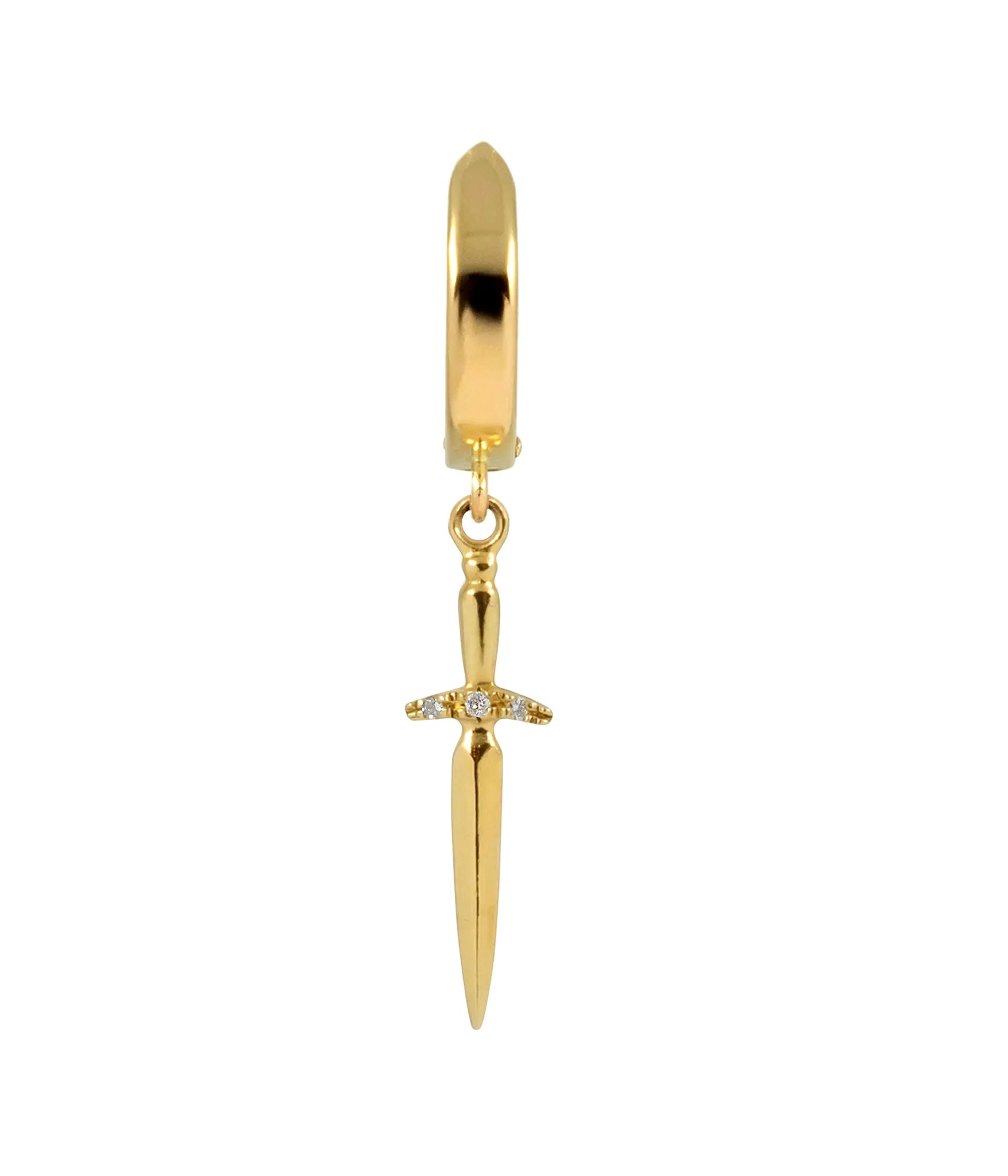 Dagger hoop earring in 14k yellow gold with 3 diamond accent