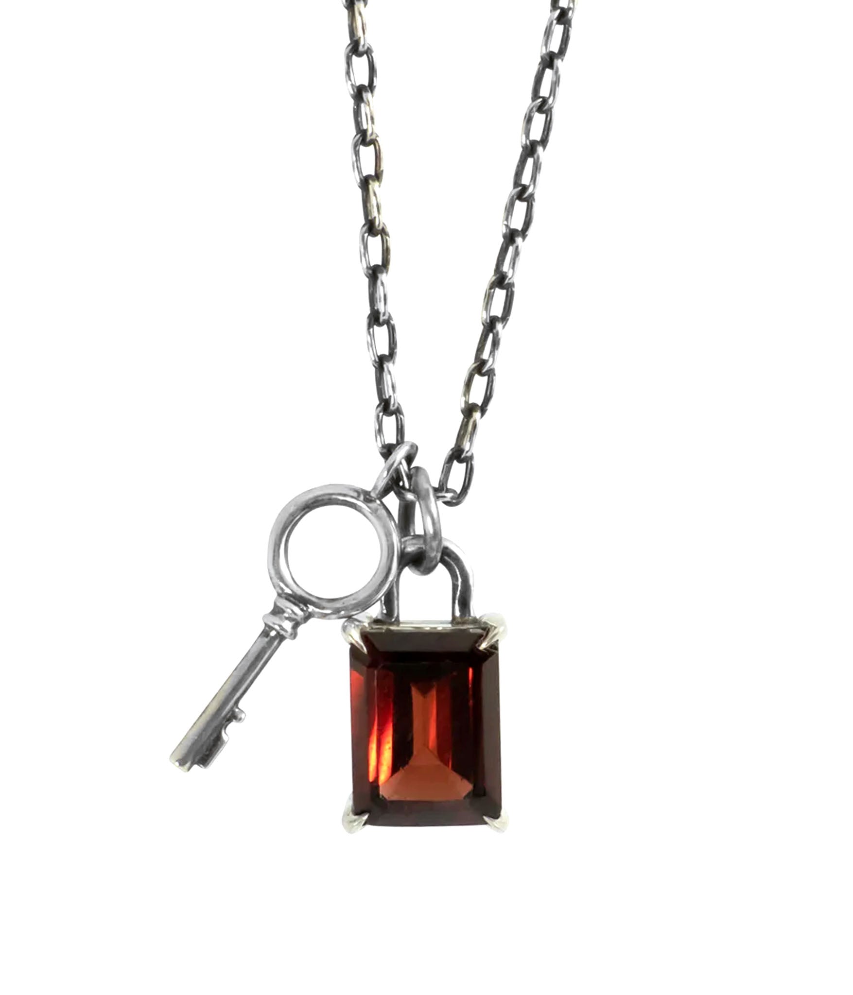 Sterling silver lock and key necklace with garnet stone by The Hunt – handcrafted padlock charm and mini key on dark chain