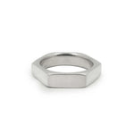 six sided HEX ring in sterling silver shot on white background 