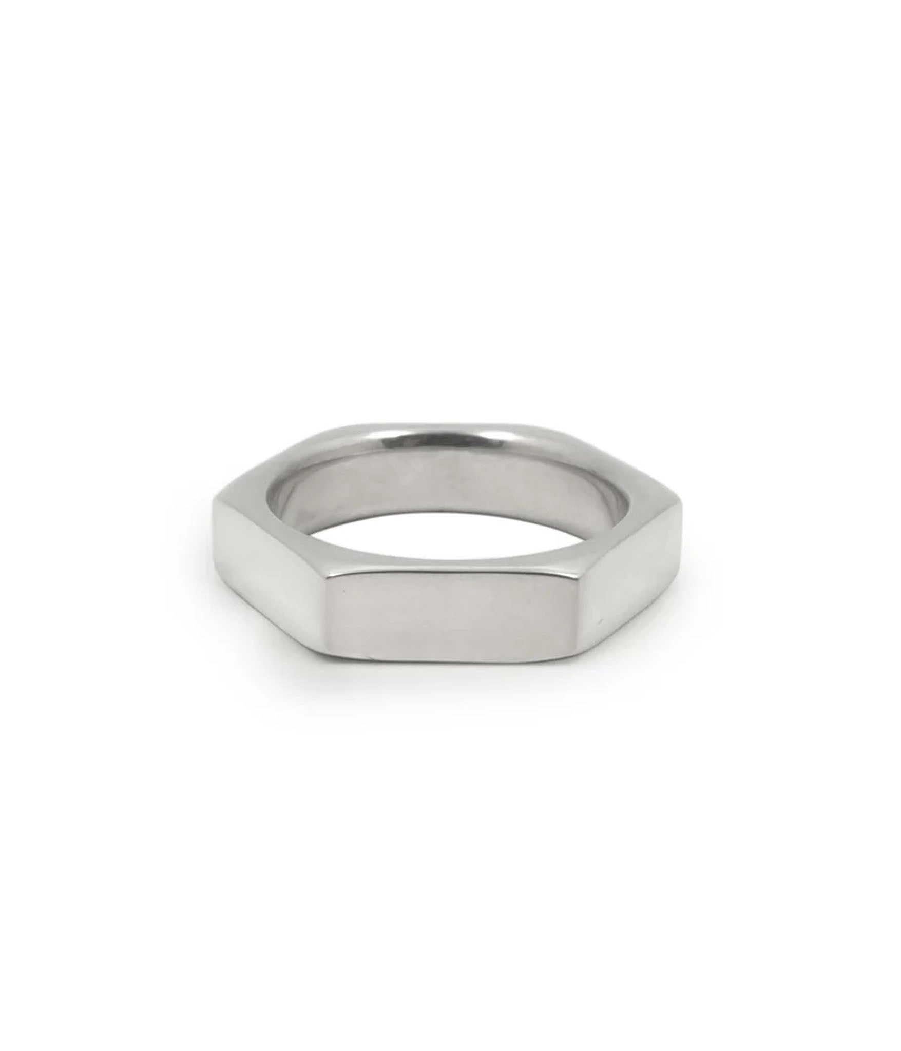 six sided HEX ring in sterling silver shot on white background 