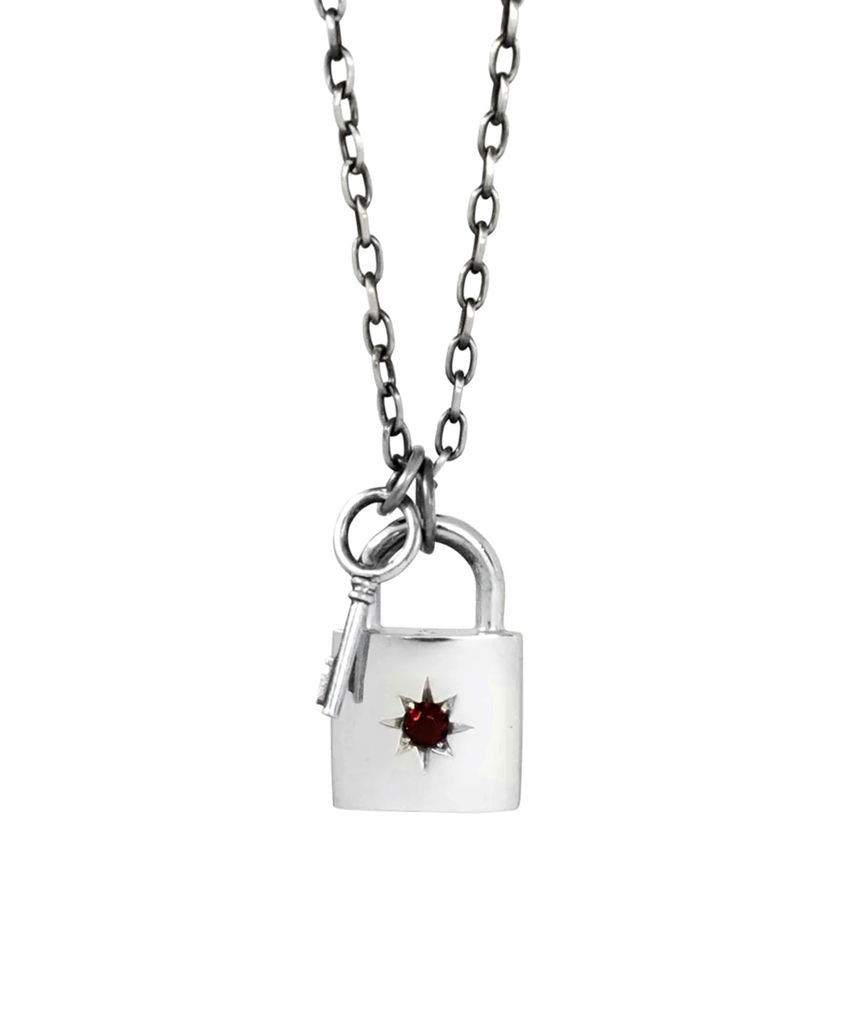 Sterling silver padlock and key necklace with garnet stone by The Hunt – handcrafted lock charm with starburst gem and mini key pendant