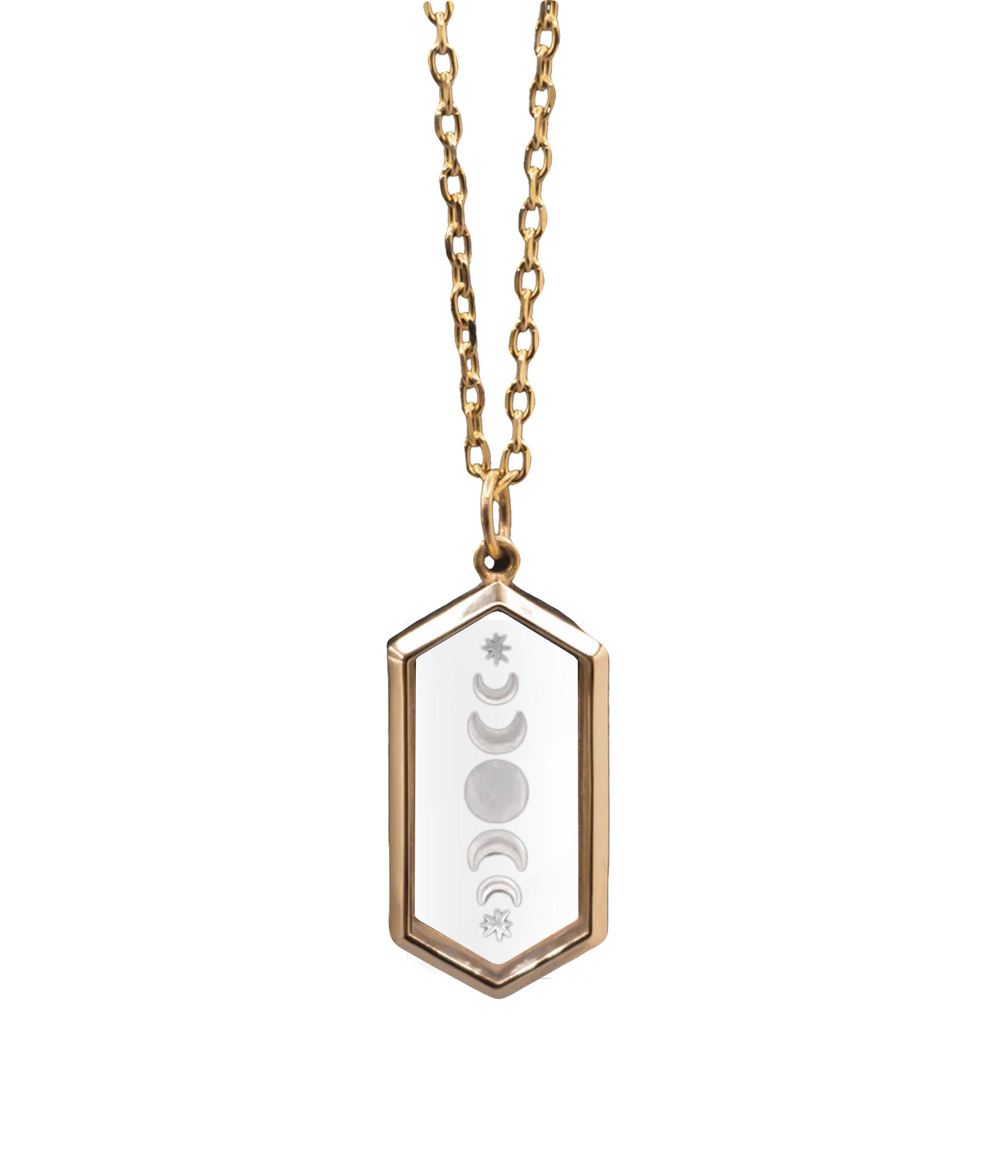 Hexagonal intaglio pendant featuring clear quartz with intricate hand-carved designs. 