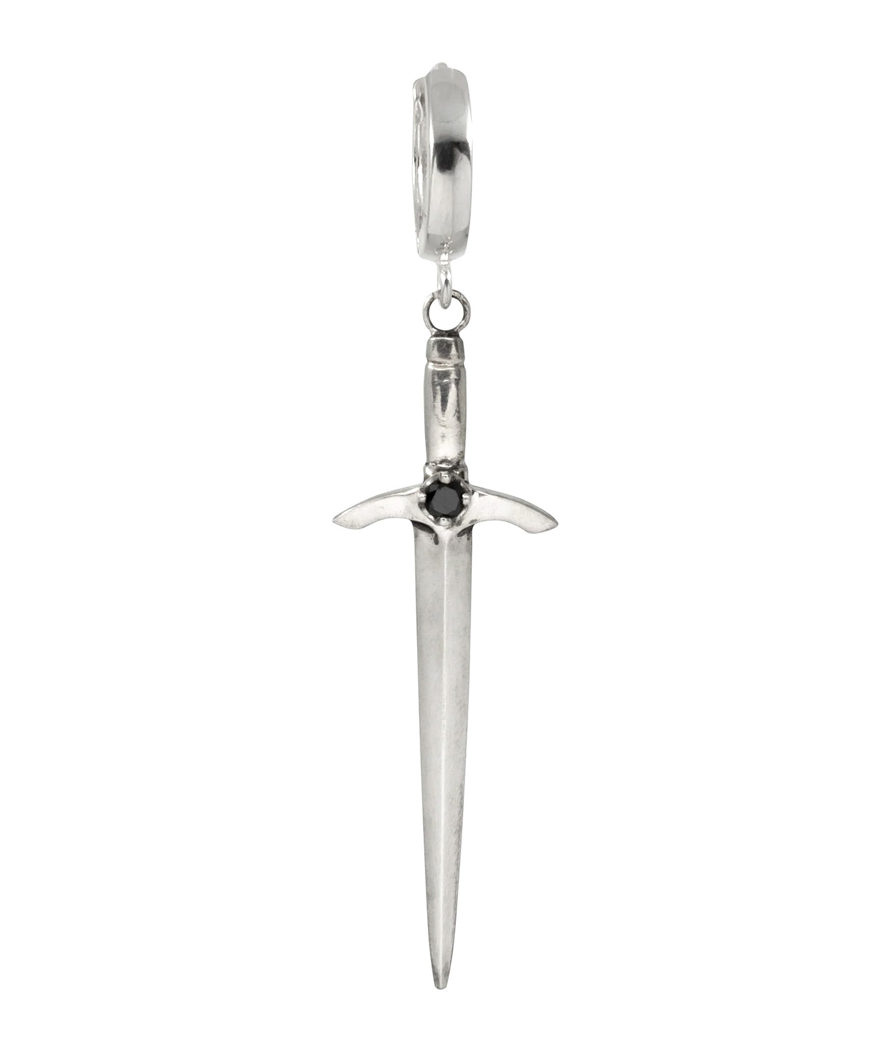 Sterling silver sword earring with black stone detail by The Hunt – handcrafted drop earring shaped like a dagger, sold as a single