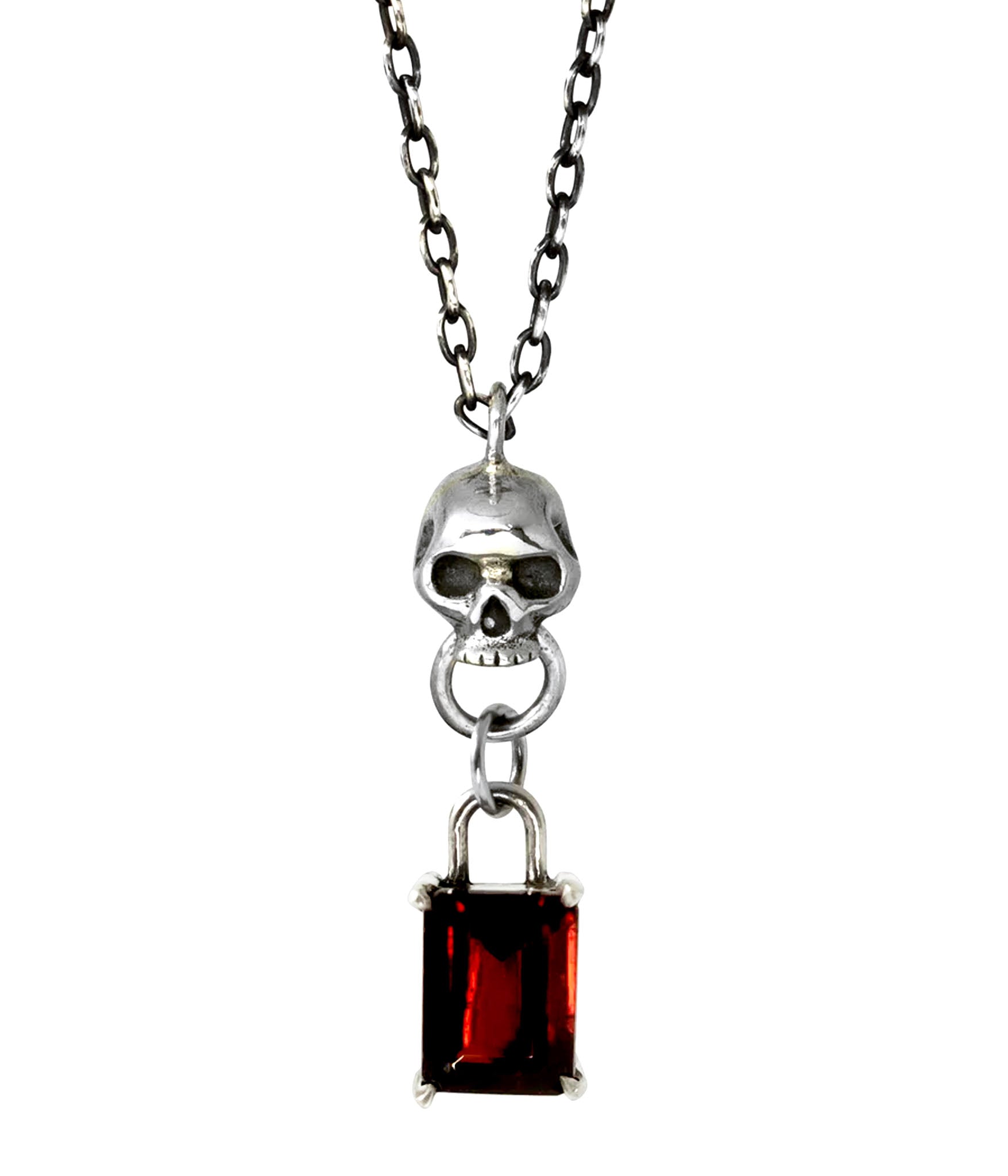 Sterling silver skull pendant necklace with door knocker and garnet lock detail 