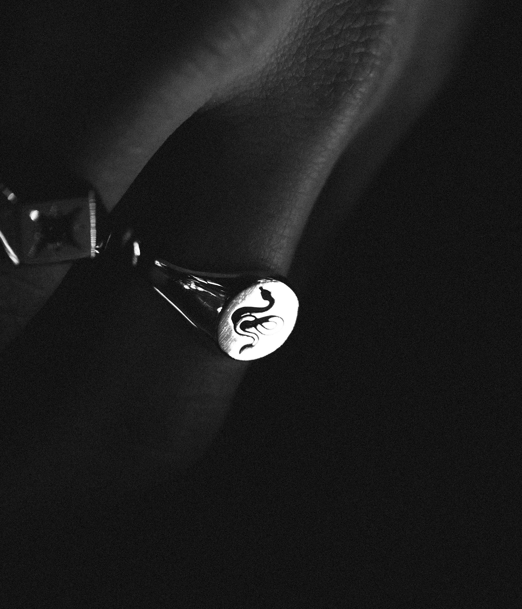 Traditional round sterling silver signet ring with snake engraving by Futaba for The Hunt in harsh light in black and white on models hand