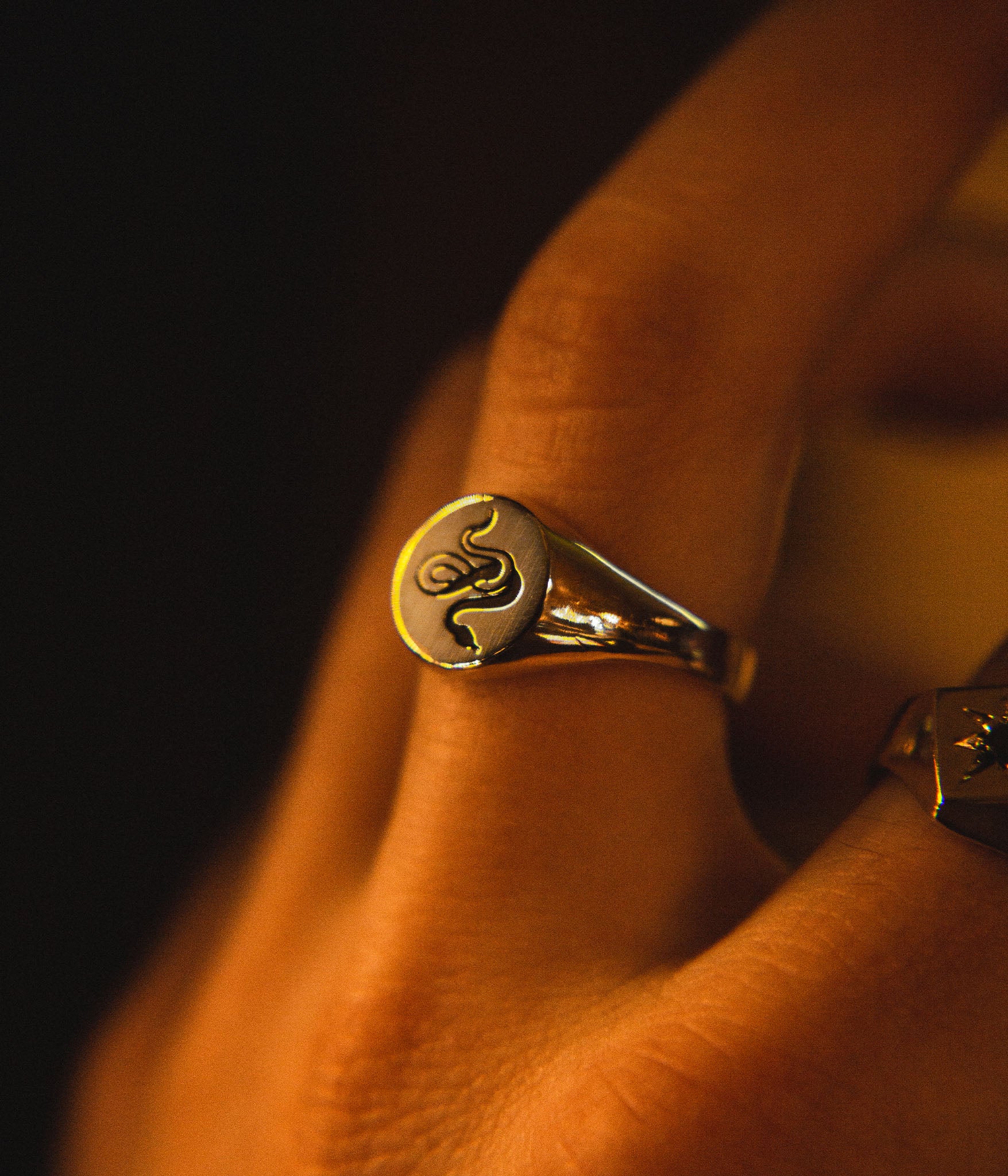 Traditional round sterling silver signet ring with snake engraving by Futaba for The Hunt close up shot on models hand