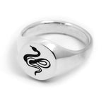 Traditional round sterling silver signet ring with snake engraving by Futaba for The Hunt  shot on white back ground