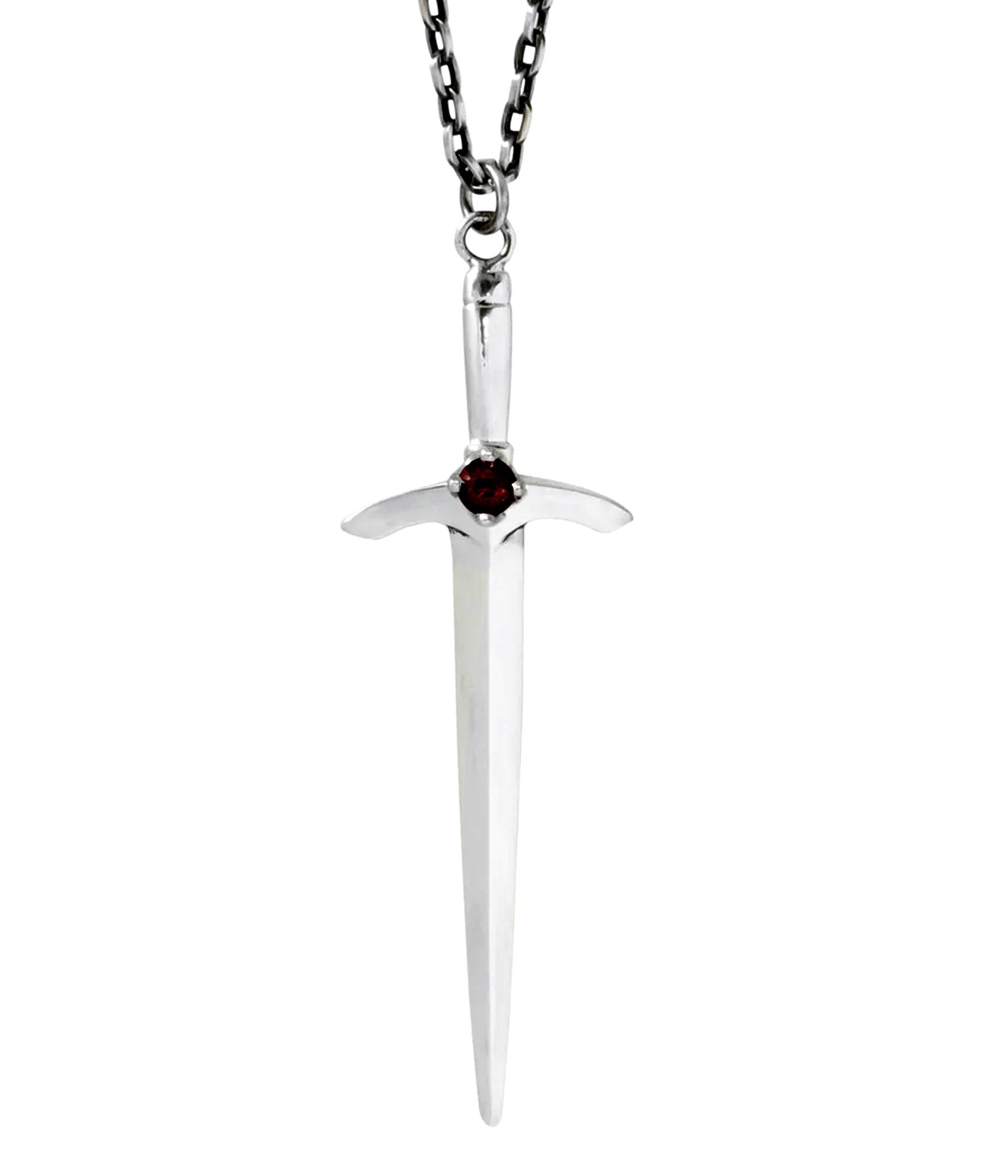 Sterling silver sword necklace with garnet gemstone by The Hunt – handcrafted dagger pendant on black chain, unisex edgy jewelry