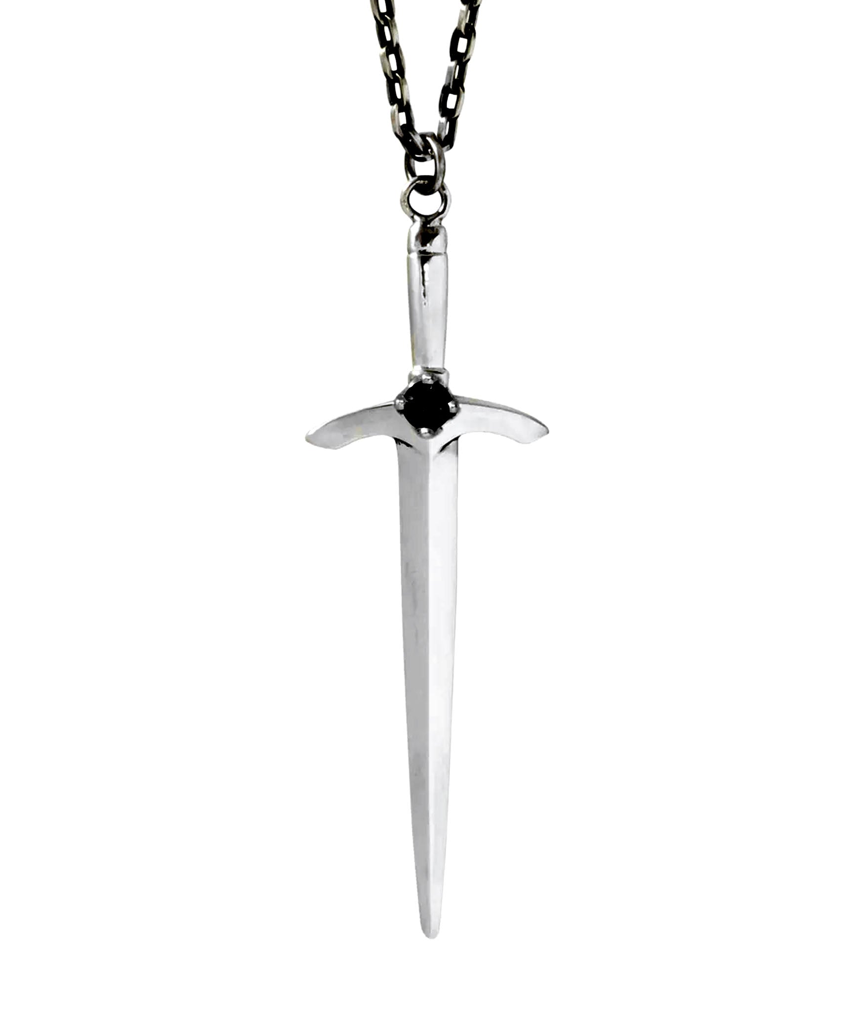 Sterling silver sword pendant necklace with black diamond by The Hunt – gothic-inspired long blade charm on black chain