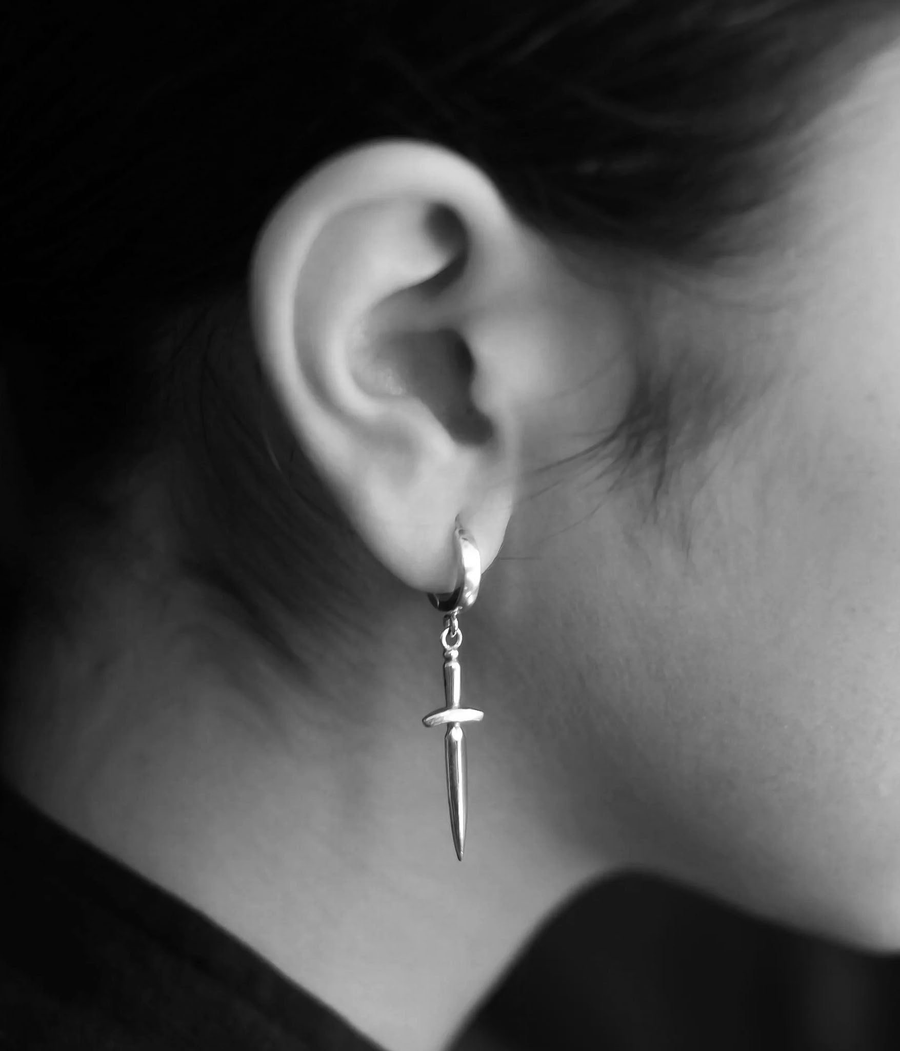  sterling silver dagger earrings by The Hunt – handcrafted knife-inspired drops with polished finish, unisex statement jewelry