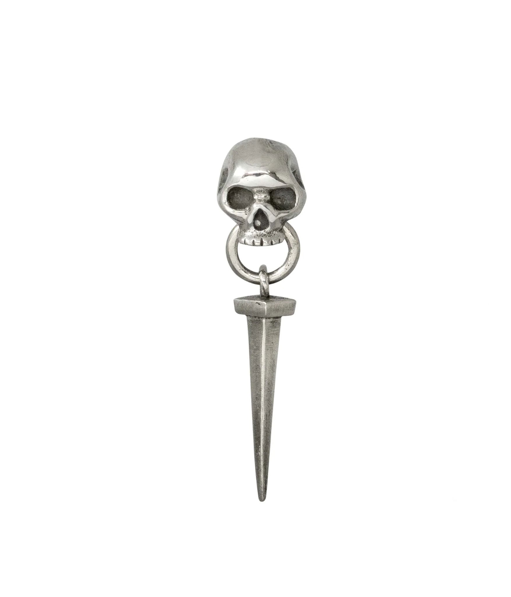 Sterling silver Skull Door Knocker Nail Earring pendant featuring detailed skull and elongated nail spike. Shown without hoop attachment.