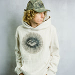 Person wearing a beige hoodie with an eye design and a camouflage cap on a plain background