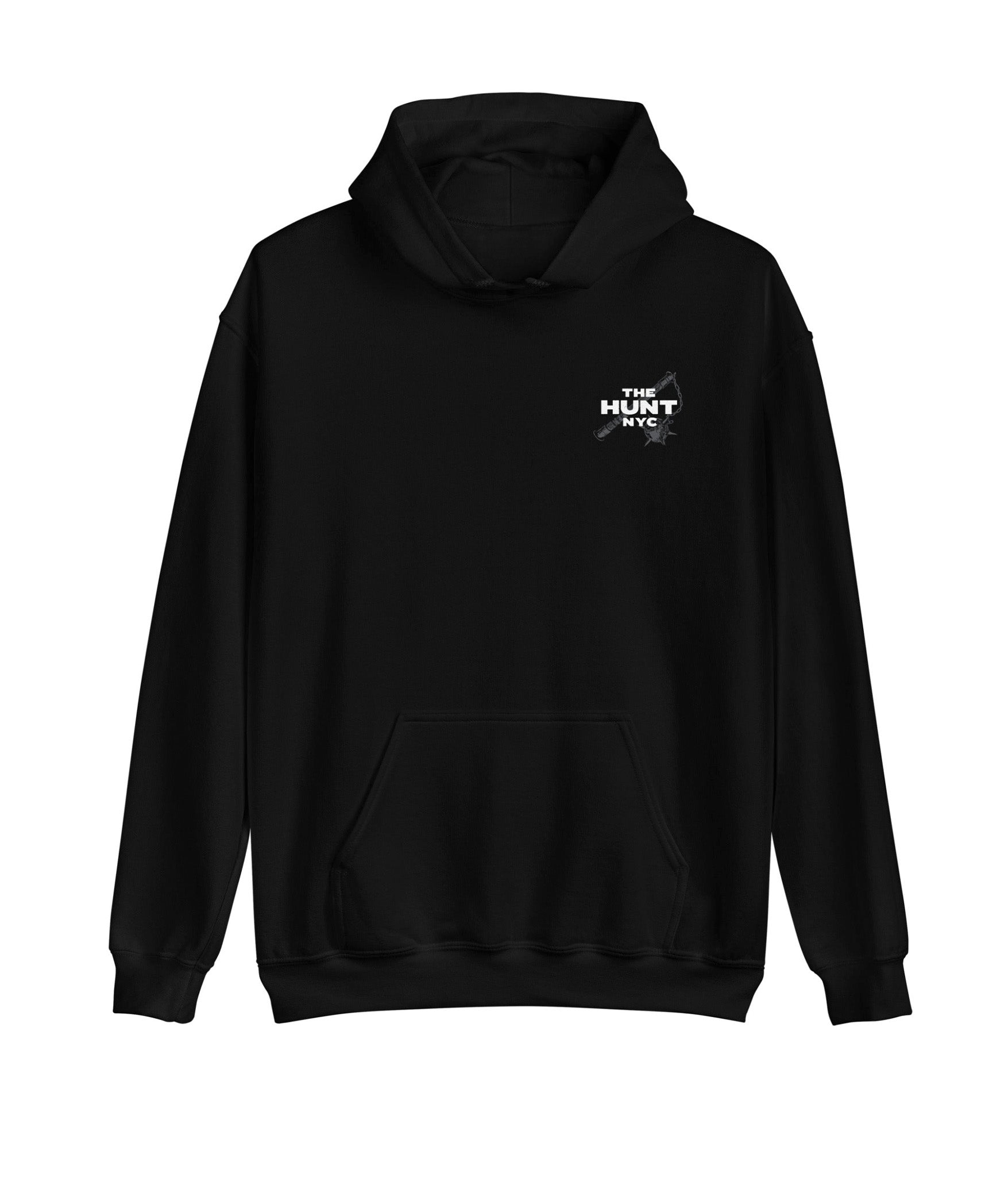Black hoodie with a logo on the chest area against a white background