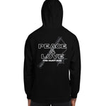 Black hoodie with 'Peace & Love' and 'The Hunt NYC' text on the back against a white background