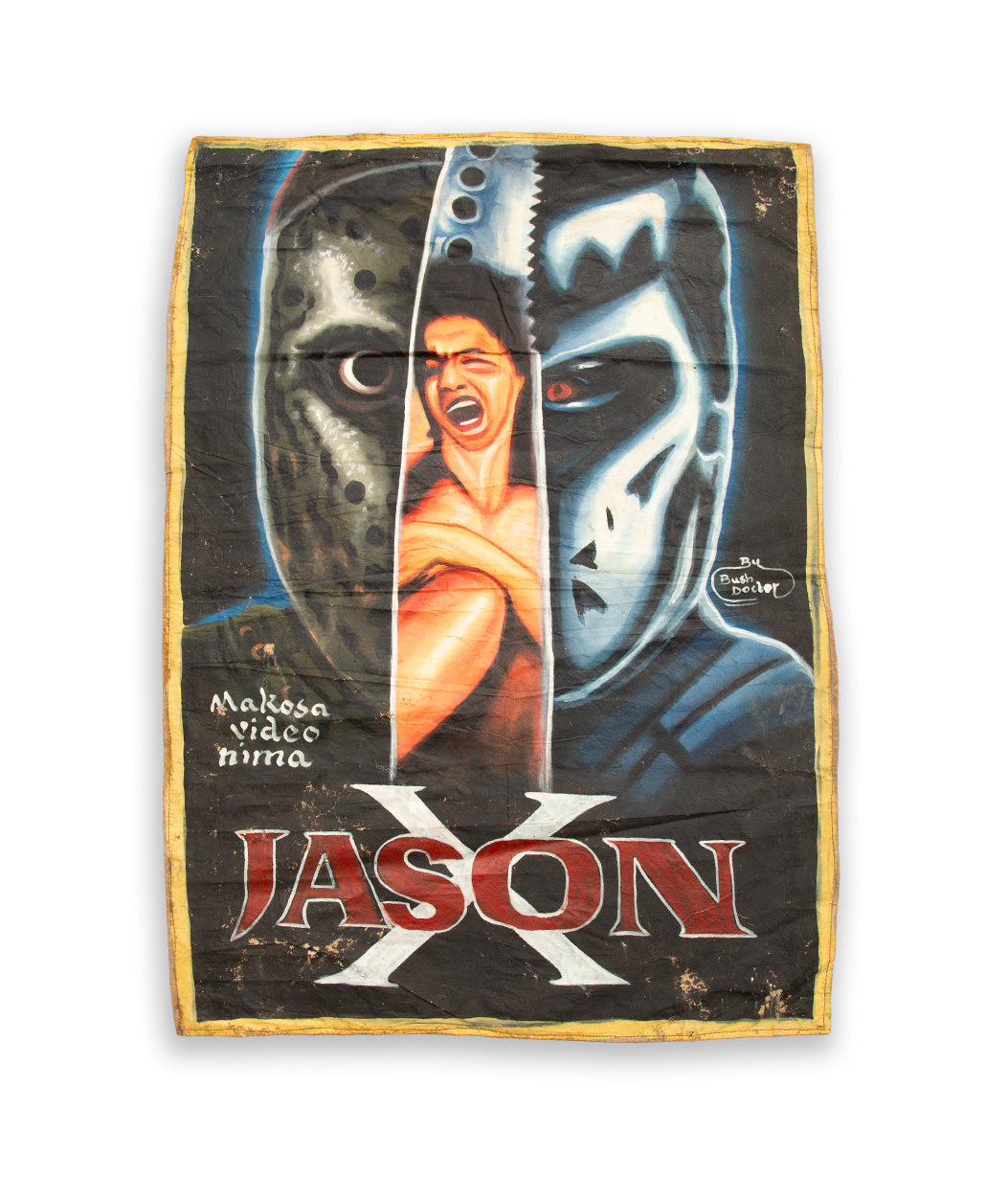 Vintage-style poster featuring a character with a mask and knife, labeled 'Jason'.