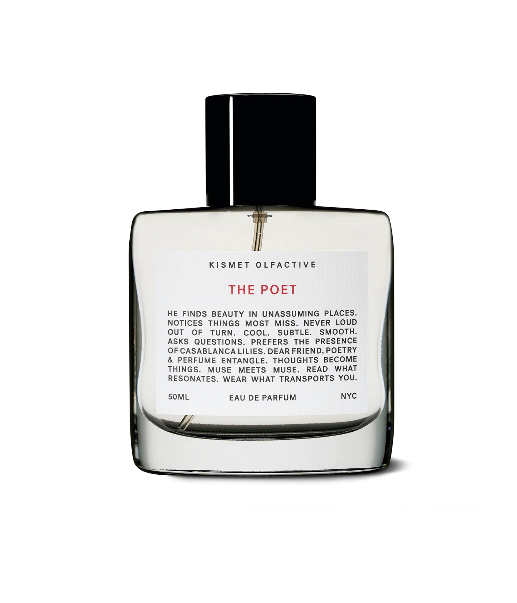 Perfume bottle labeled 'The Poet' by Kismet Olfactive on a white background