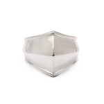 Silver ring with a shield design on a white background