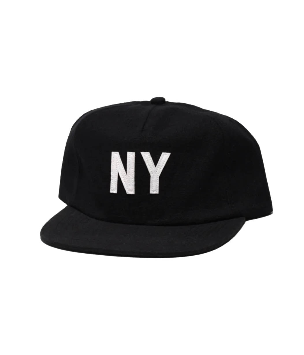 Black cap with 'NY' printed on it against a white background