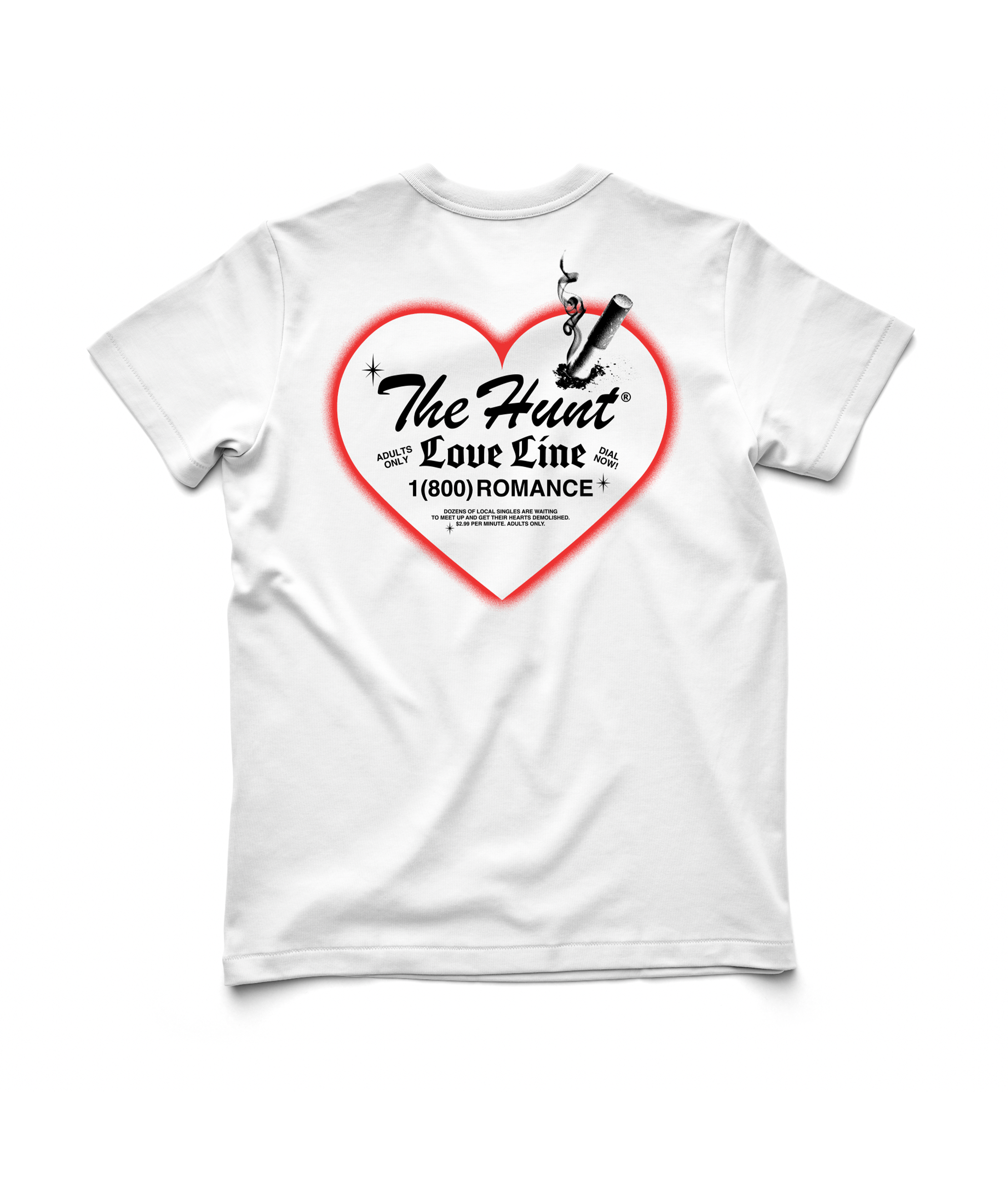 White t-shirt with a red heart graphic and text on a white background