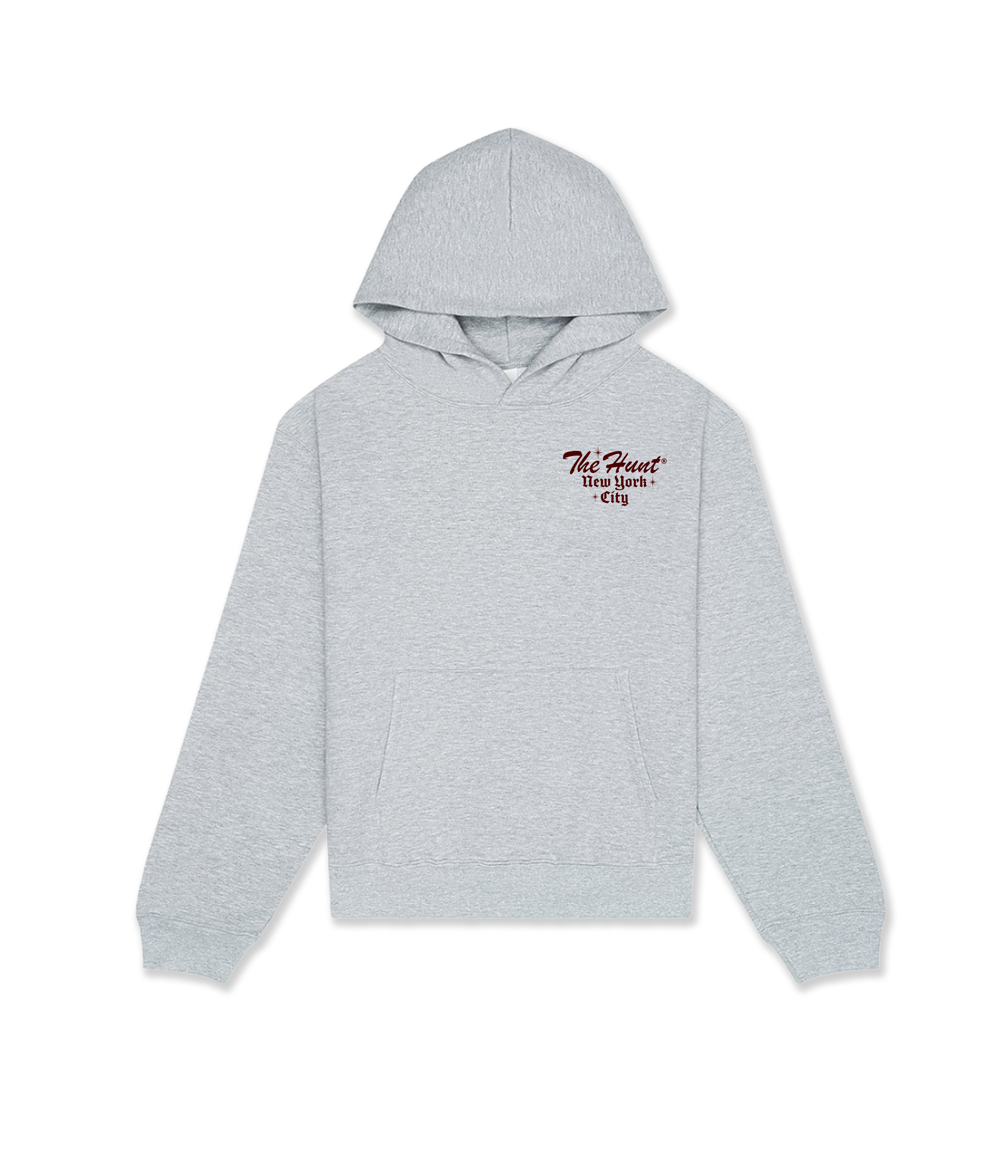 Gray hoodie with text on the chest against a white background