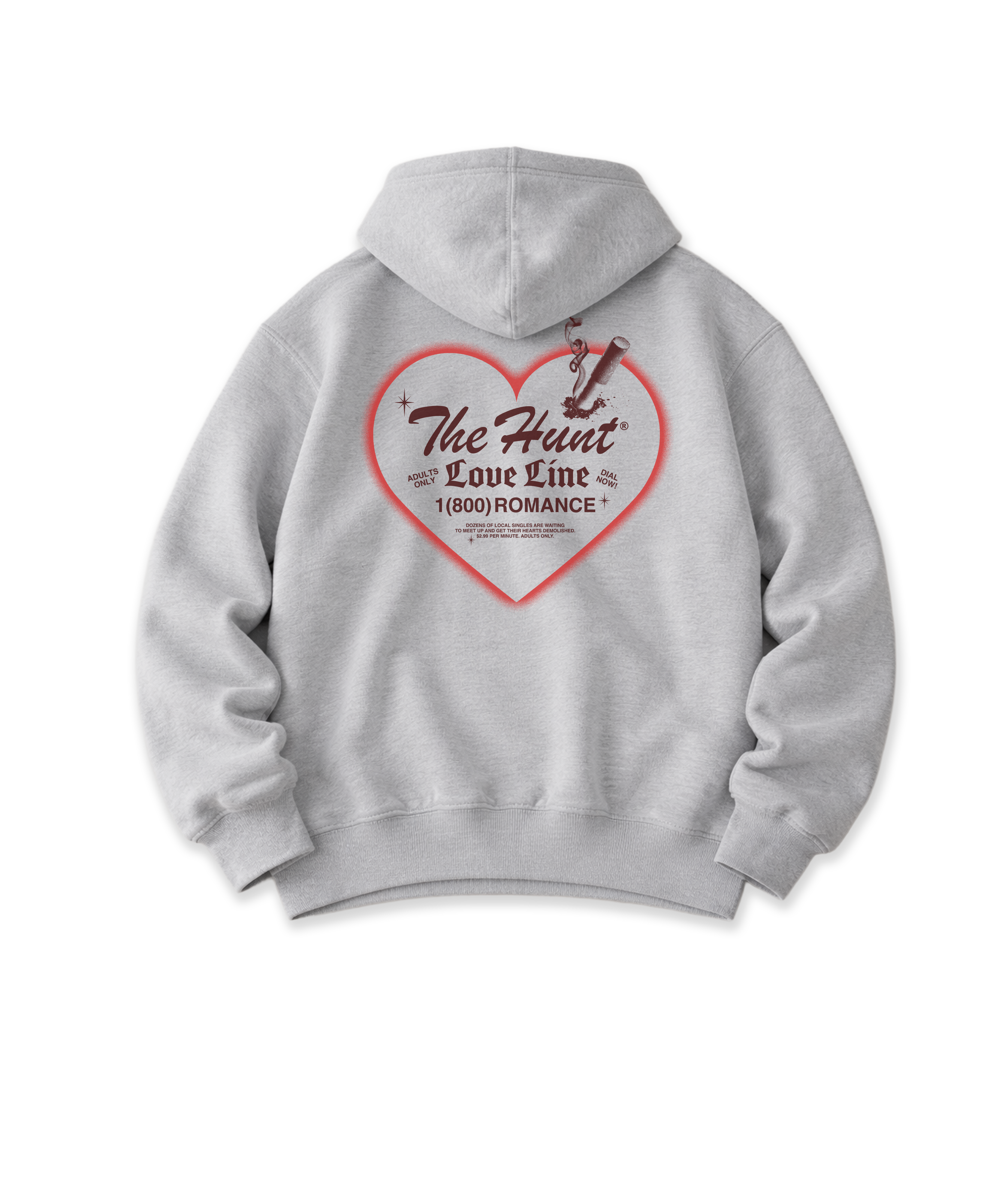 Gray hoodie with a heart-shaped logo and text on the back against a white background