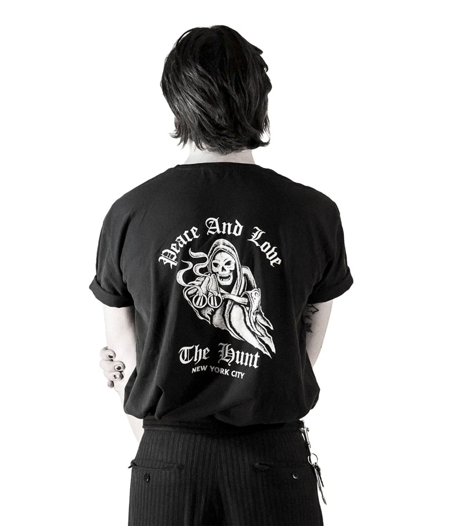 the hunt love reaper tee shirt on model 