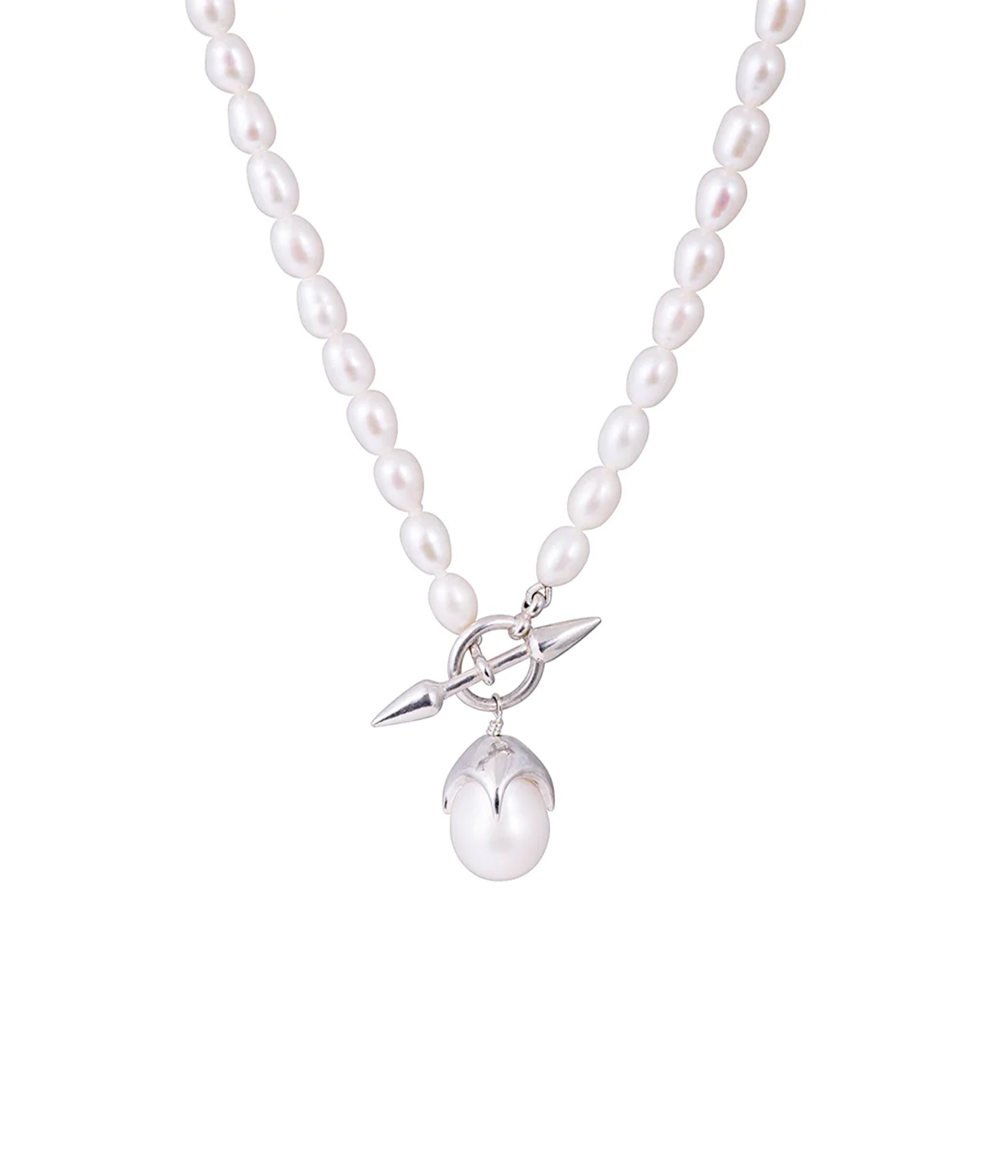 Freshwater pearl necklace with silver-capped drop pendant and toggle clasp.
