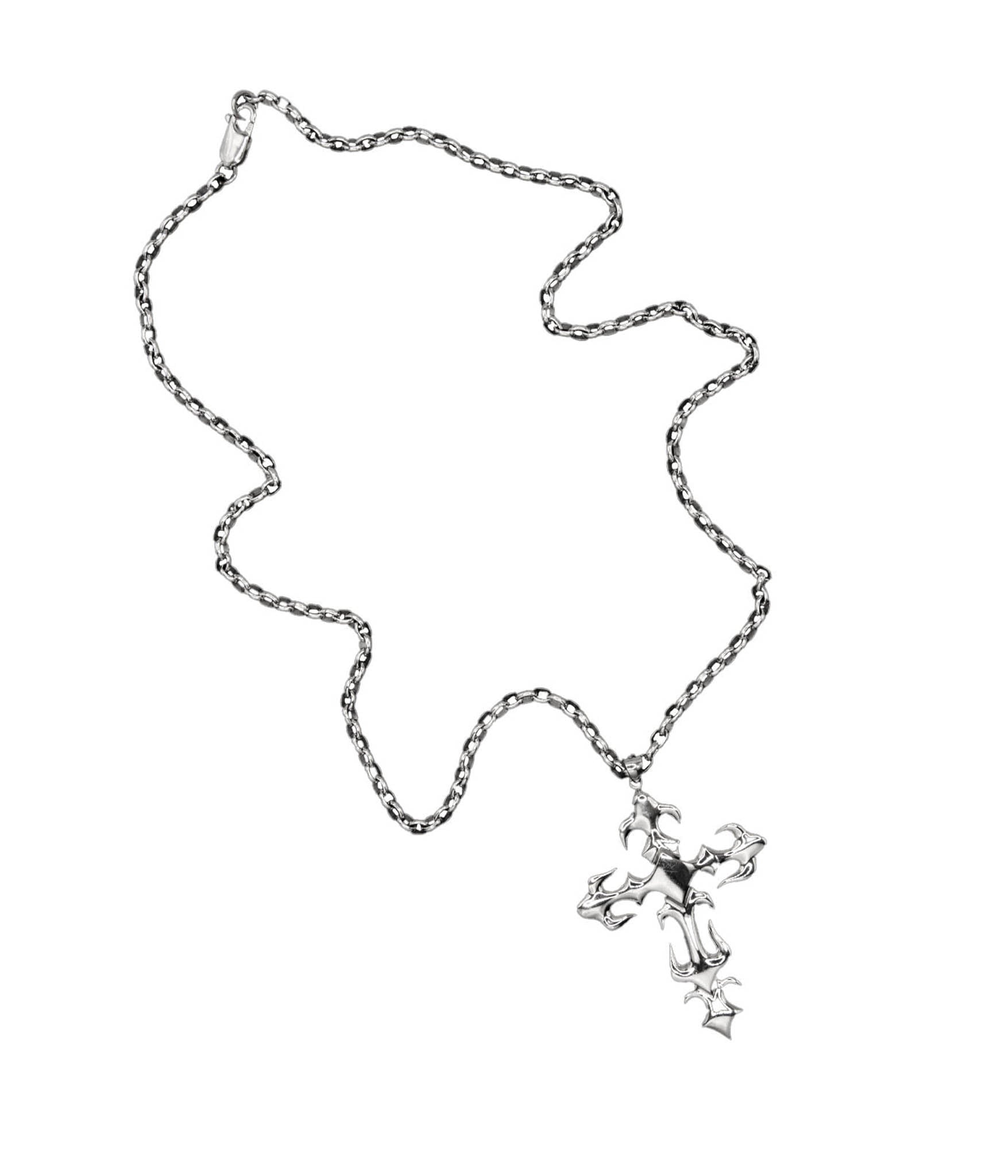 Silver chain necklace with a cross pendant on a white background
