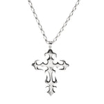 Silver cross pendant necklace on a white background