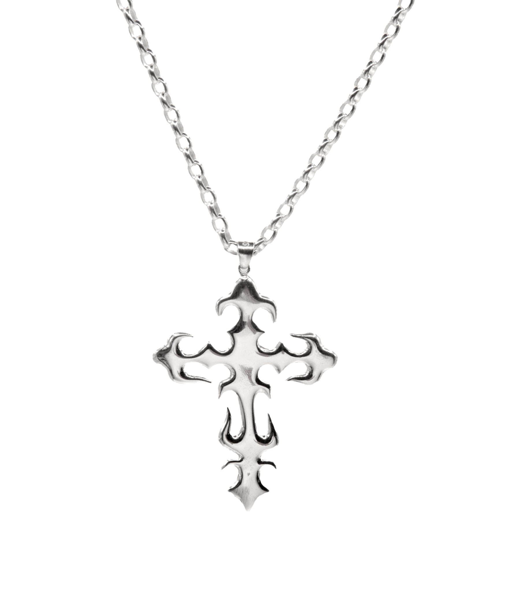 Silver cross pendant necklace on a white background