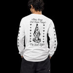 Person wearing a white long-sleeve shirt with black graphics and text on the back, against a black background.