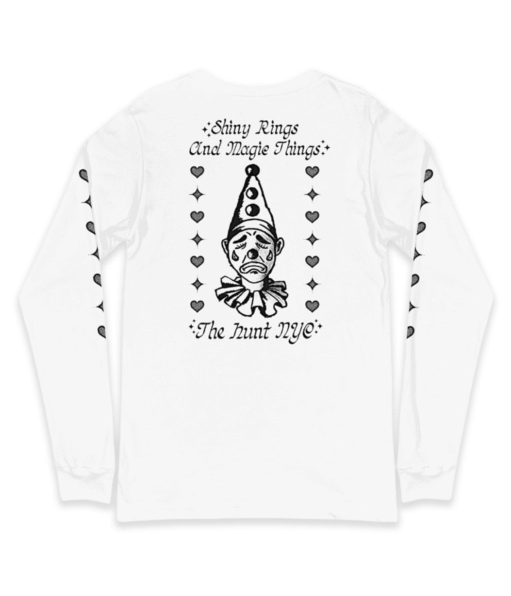 White long-sleeve shirt with black graphic design and text on a white background