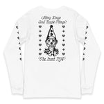 White long-sleeve shirt with black graphic design and text on a white background