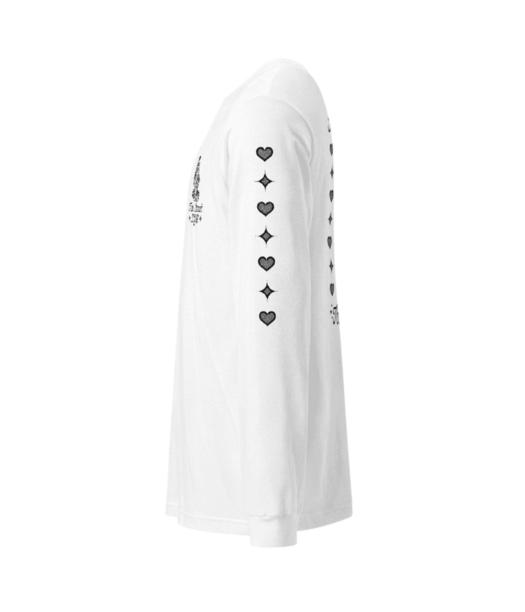 White long-sleeve top with black heart and star patterns on a white background