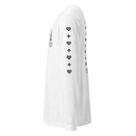White long-sleeve top with black heart and star patterns on a white background