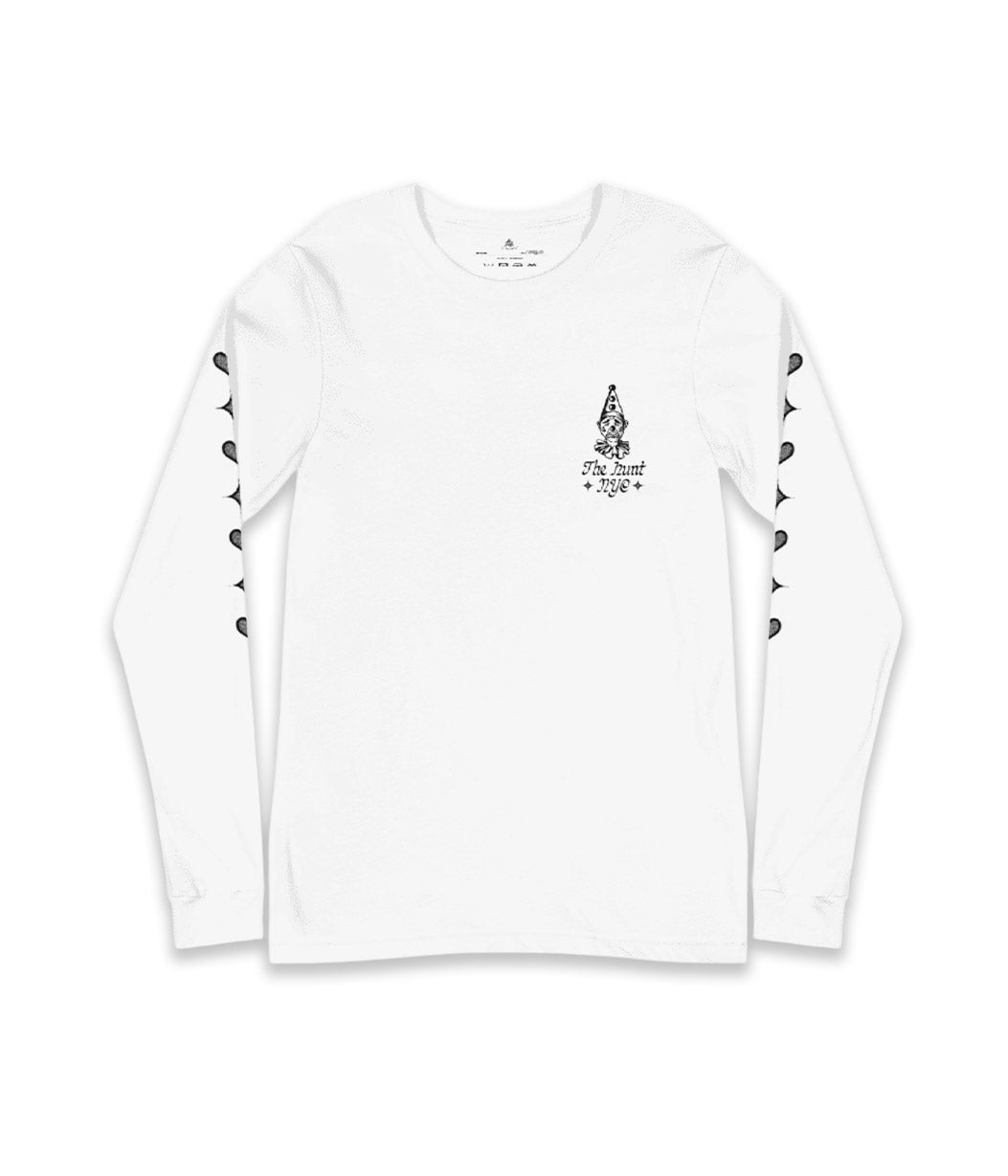 White long-sleeve shirt with black graphic design on a white background