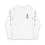 White long-sleeve shirt with black graphic design on a white background