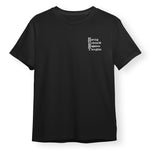 Black t-shirt with white text on a white background