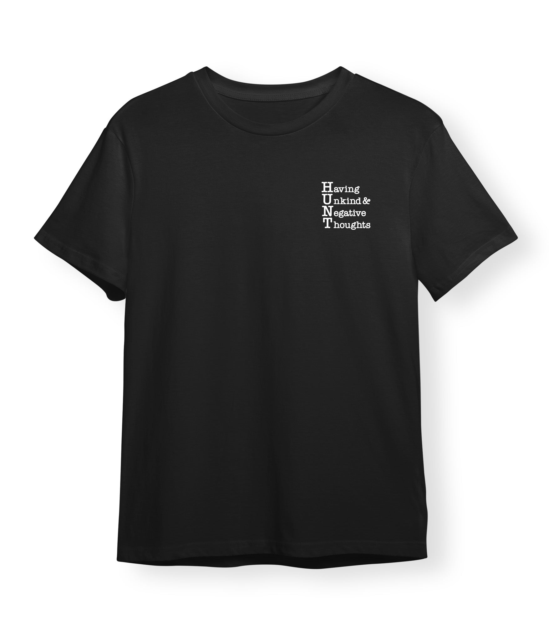 Black t-shirt with white text on a white background