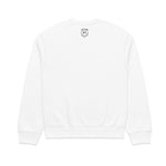 White sweatshirt with a small black logo on a white background