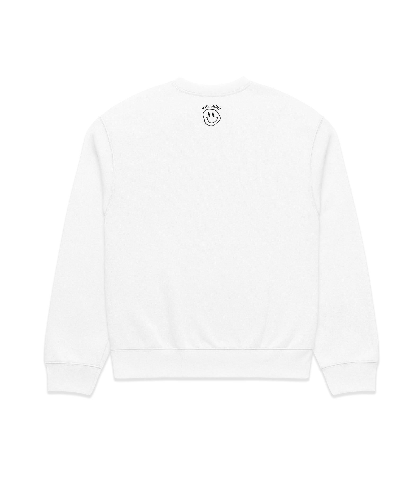 White sweatshirt with a small black logo on a white background