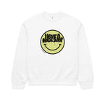 White sweatshirt with a yellow smiley face graphic and text 'Have a nice day' on a white background
