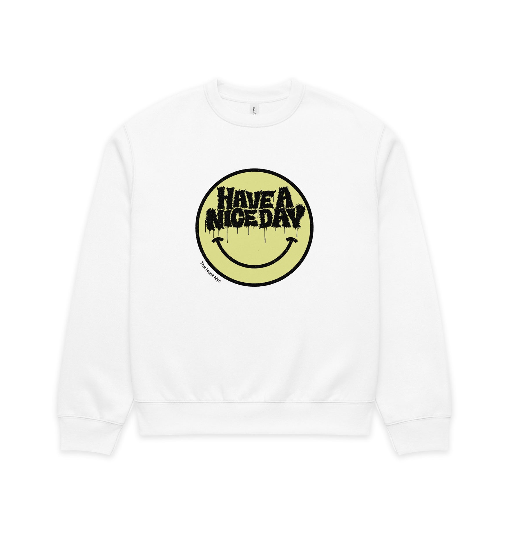 White sweatshirt with a yellow smiley face graphic and text 'Have a nice day' on a white background