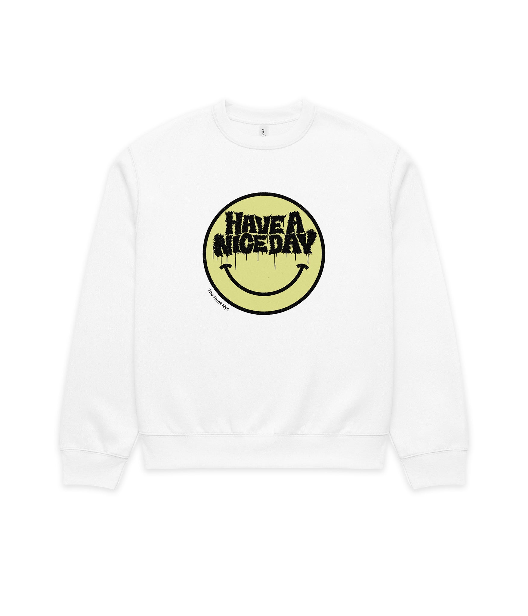 White sweatshirt with a yellow smiley face graphic and text 'Have a nice day' on a white background