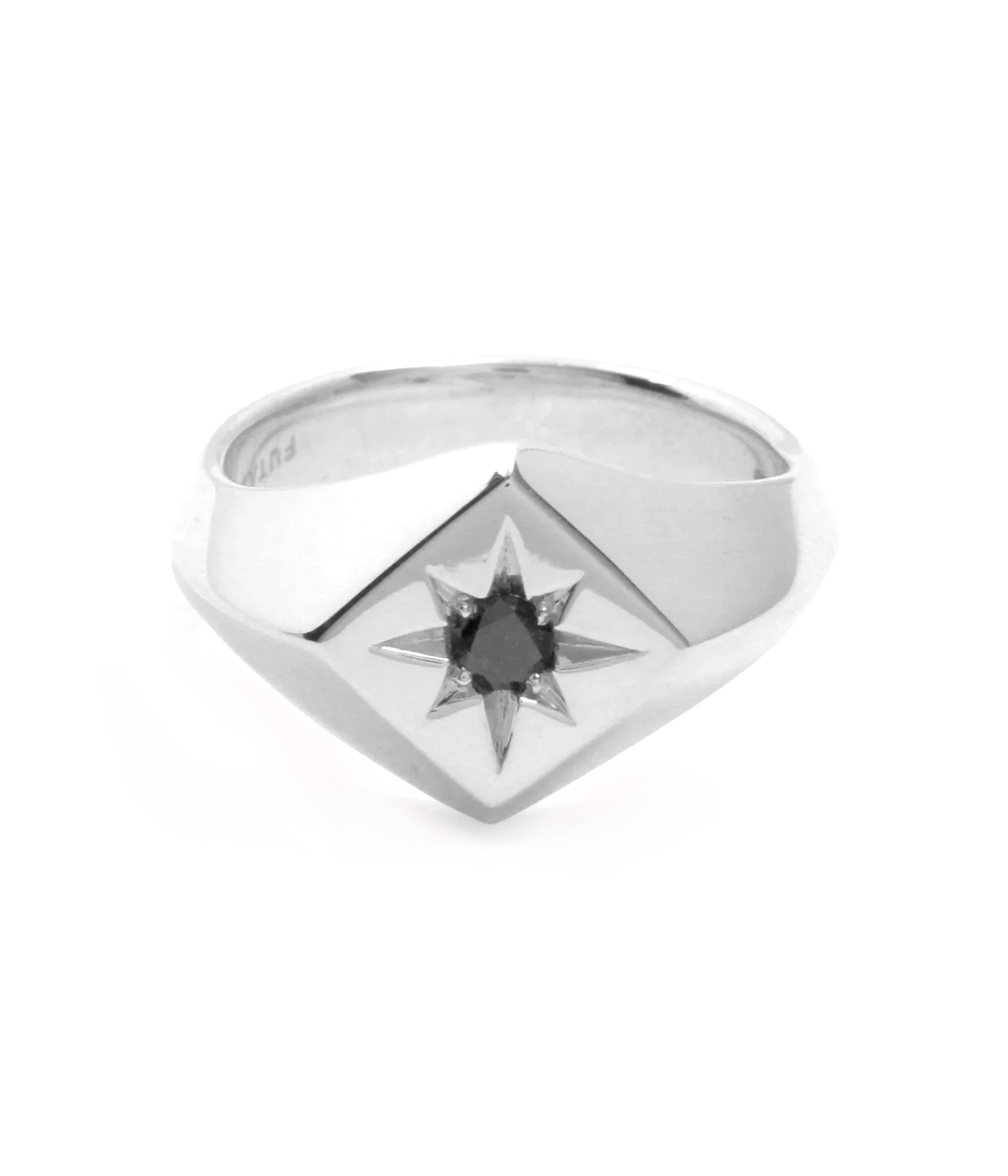 Silver North Star Signet Ring with black diamond 