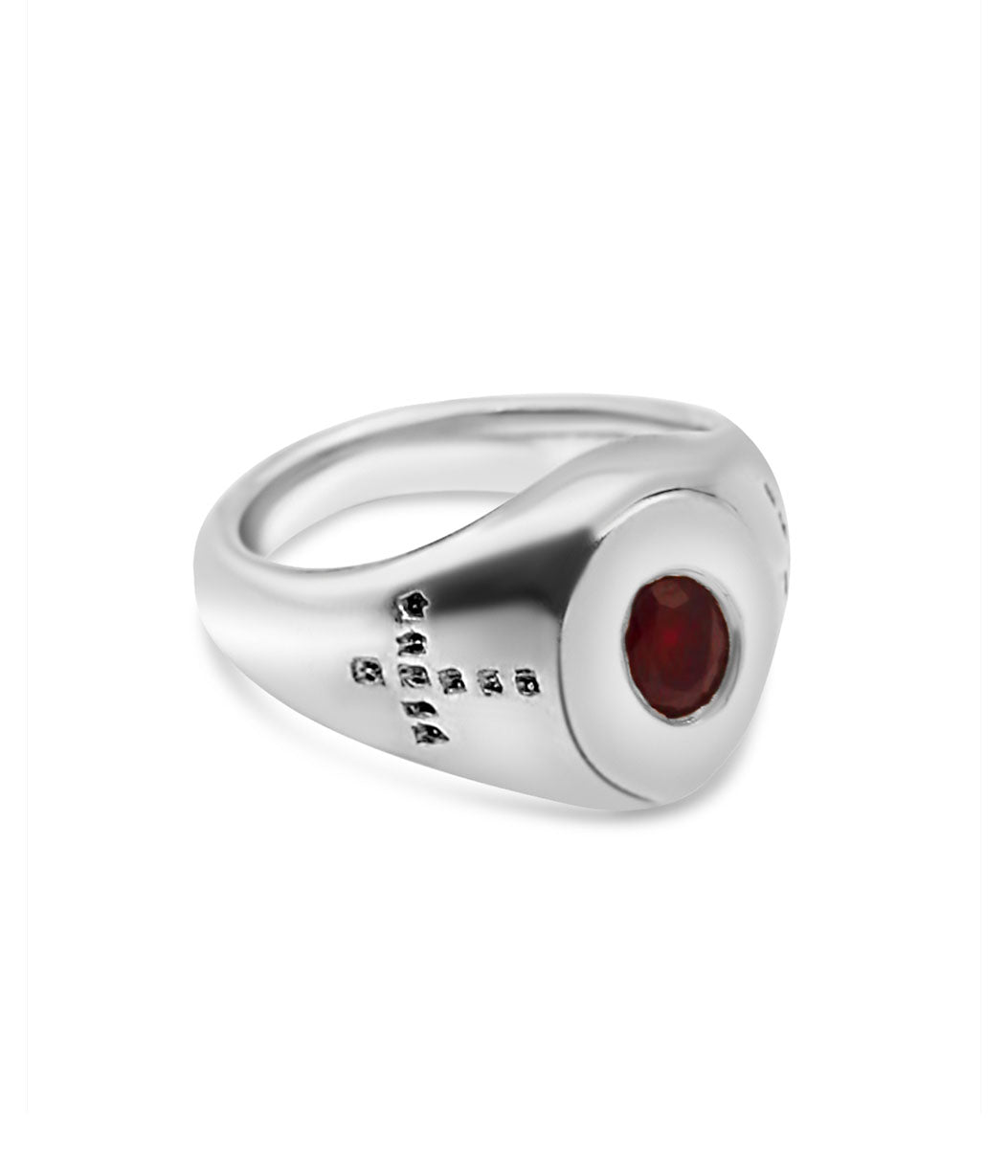 ring with a red stone on white background