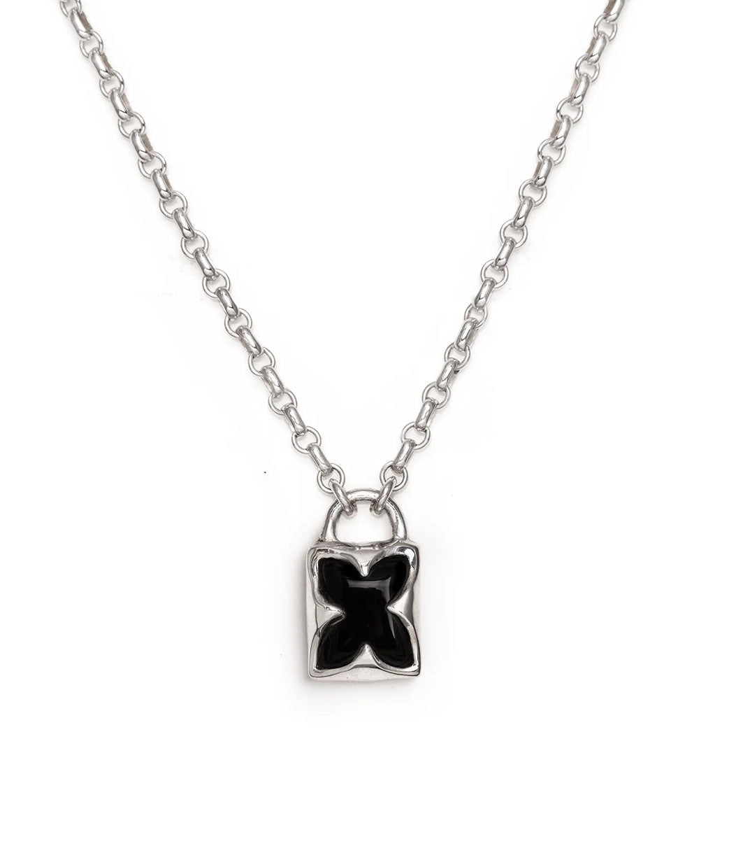 Necklace with a black butterfly pendant on a white background