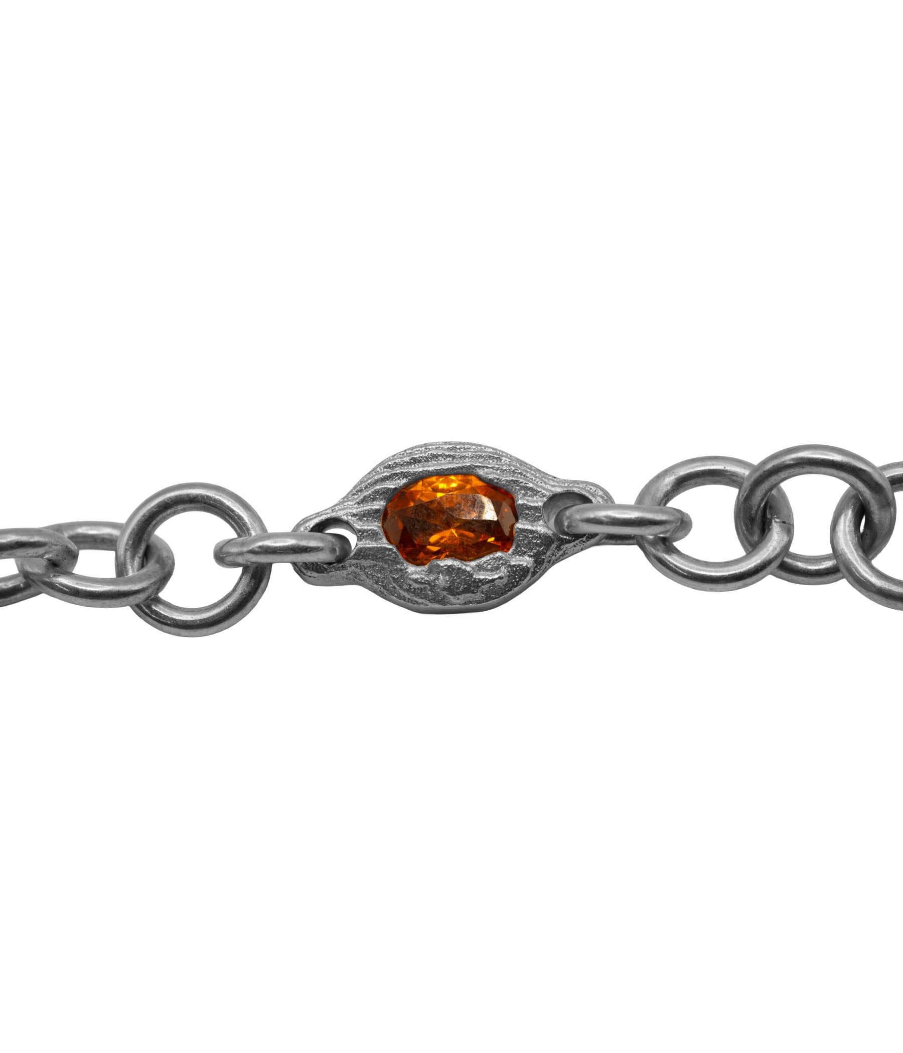 Silver chain bracelet with a central amber stone on a white background