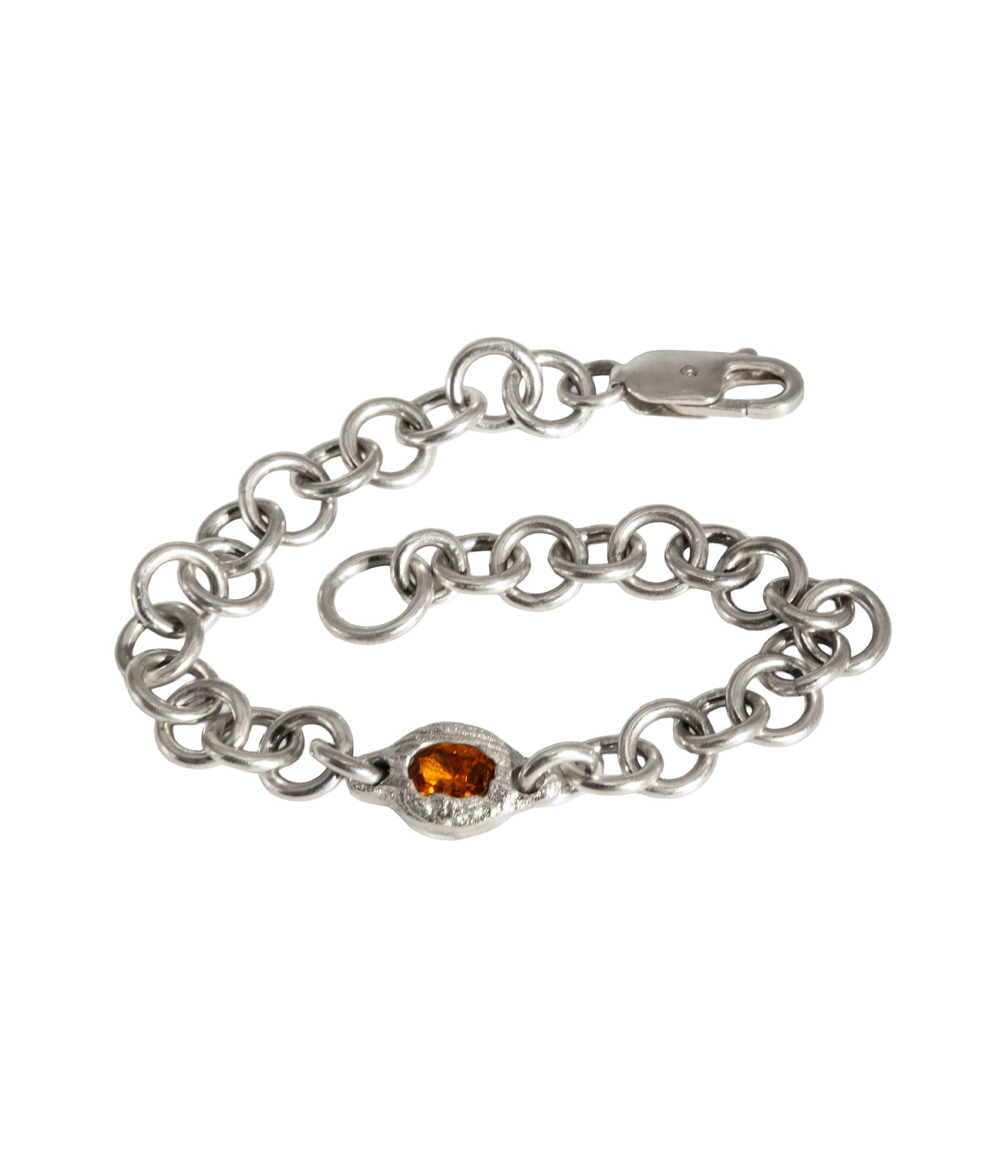 Silver chain bracelet with a heart-shaped amber stone on a white background